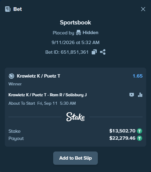 Bet slip: Krawietz K / Puetz T - Ram R / Salisbury J, $13,500.00 stake at 1.65 odds, placed by Hidden