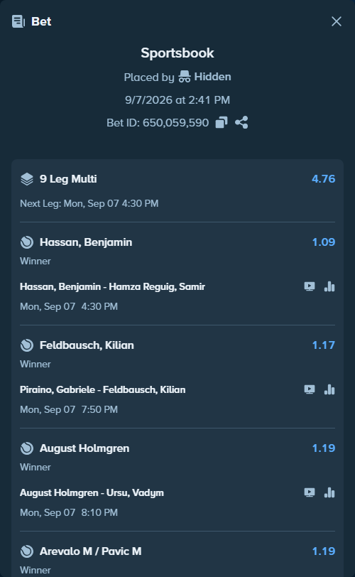 Bet slip: Krawietz K / Puetz T - Rojer J-J / Winegar T, $10,000.00 stake at 1.33 odds, placed by Hidden