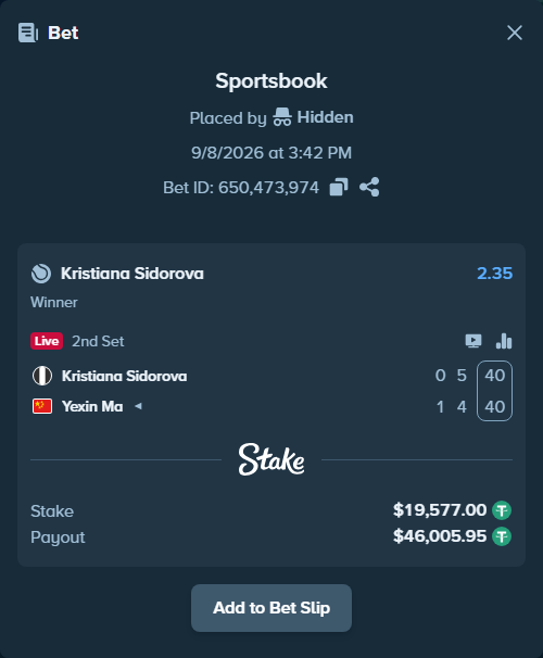 Bet slip: Kristiana Sidorova - Yexin Ma, $19,577.00 stake at 2.35 odds, placed by Hidden