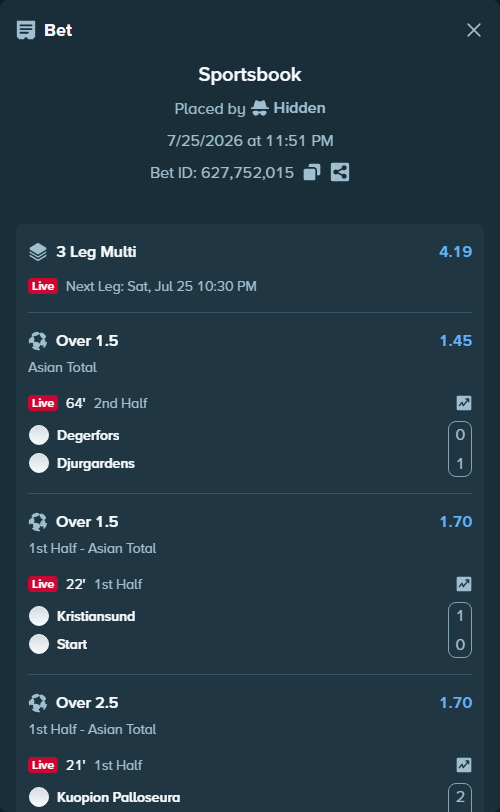 Bet slip: Kristiansund - Start, $10,113.21 stake at 1.70 odds, placed by Hidden