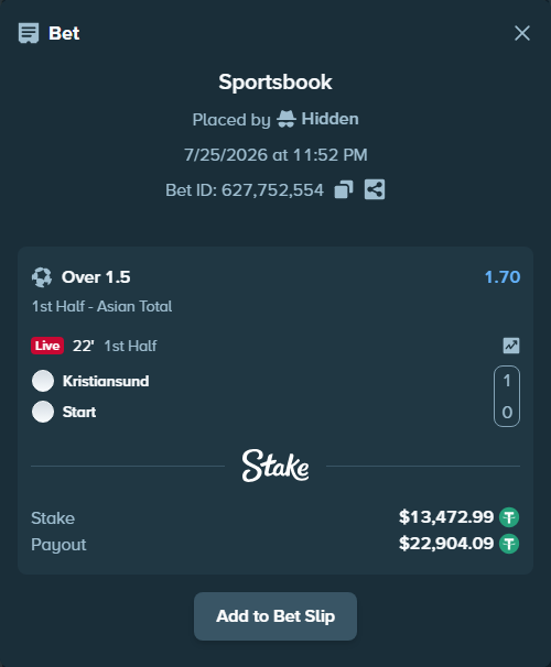 Bet slip: Kristiansund - Start, $13,472.99 stake at 1.70 odds, placed by Hidden