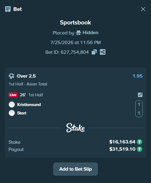 Bet slip: Kristiansund - Start, $16,163.64 stake at 1.95 odds, placed by Hidden