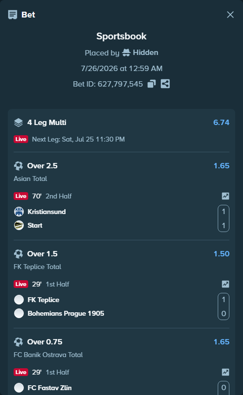Bet slip: Kristiansund - Start, $38,645.47 stake at 1.65 odds, placed by Hidden