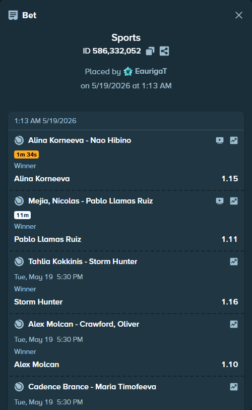 Bet slip: Kristina Mladenovic - Xiyu Wang, $125,000.00 stake at 1.06 odds, placed by EaurigaT