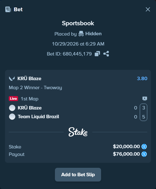 Bet slip: KRÜ Blaze - Team Liquid Brazil, $20,000.00 stake at 3.80 odds, placed by Hidden