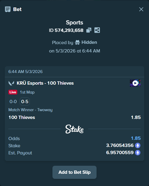 Bet slip: KRÜ Esports - 100 Thieves, $6,528.45 stake at 1.85 odds, placed by Hidden