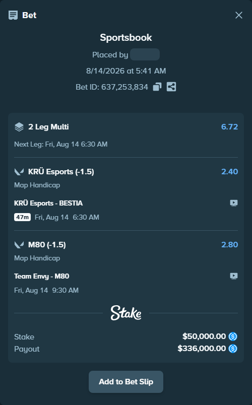 Bet slip: KRÜ Esports - BESTIA, $50,000.00 stake at 2.40 odds, placed by Cabrzy