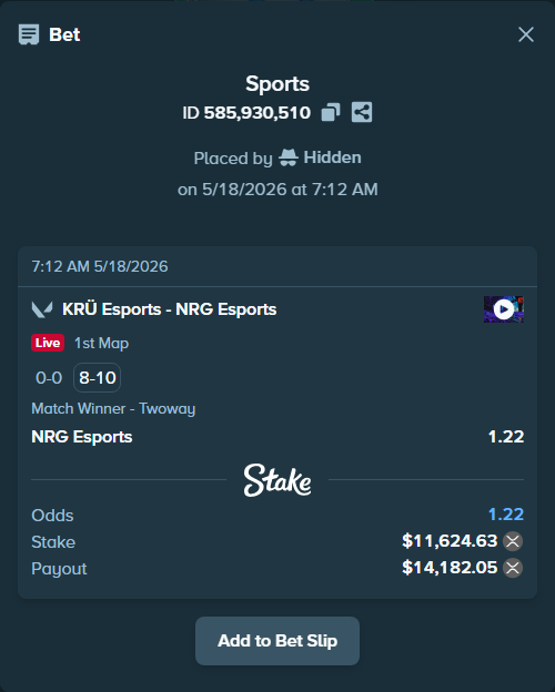 Bet slip: KRÜ Esports - NRG Esports, $9,405.96 stake at 1.22 odds, placed by Hidden