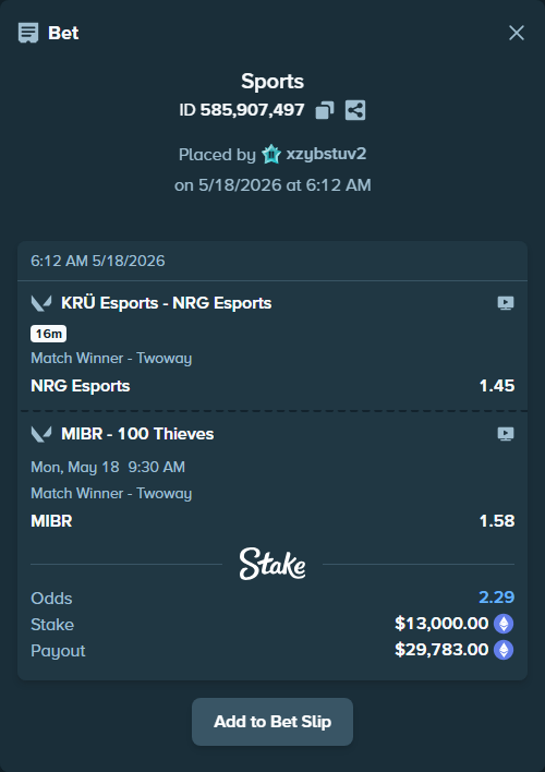 Bet slip: KRÜ Esports - NRG Esports, $10,300.27 stake at 1.45 odds, placed by xzybstuv2