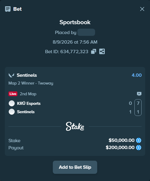 Bet slip: KRÜ Esports - Sentinels, $50,000.00 stake at 4.00 odds, placed by Cabrzy