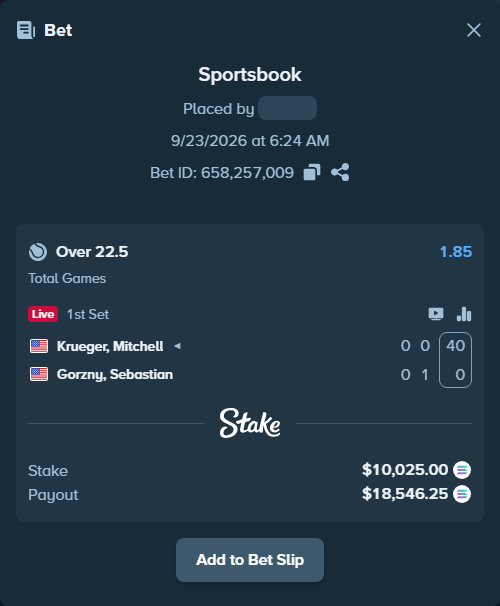 Bet slip: Krueger, Mitchell - Gorzny, Sebastian, $10,134.36 stake at 1.85 odds, placed by Stakems98