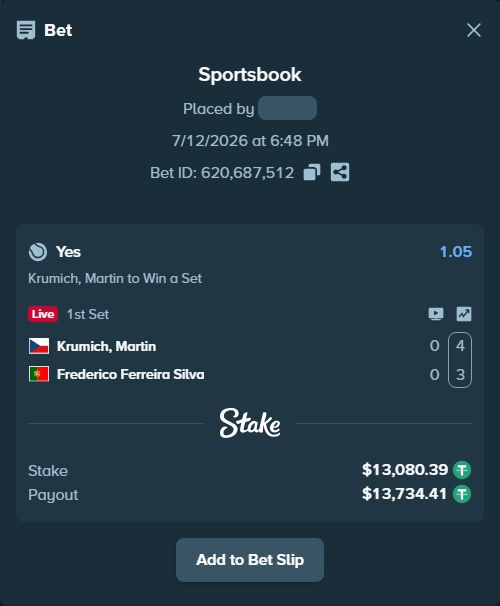 Bet slip: Krumich, Martin - Frederico Ferreira Silva, $13,093.47 stake at 1.05 odds, placed by RyazheniyPetuh