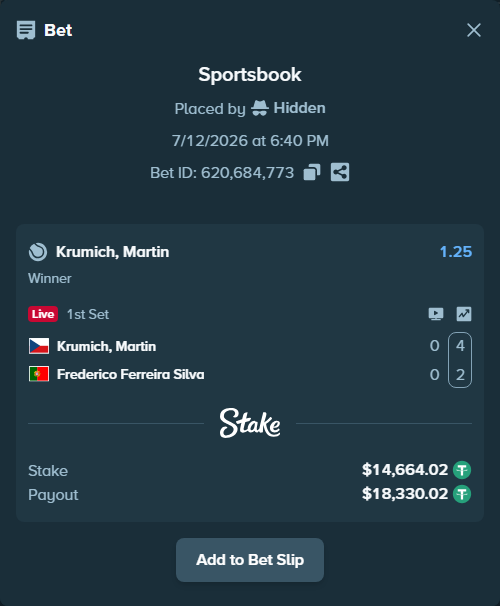 Bet slip: Krumich, Martin - Frederico Ferreira Silva, $14,678.68 stake at 1.25 odds, placed by Hidden