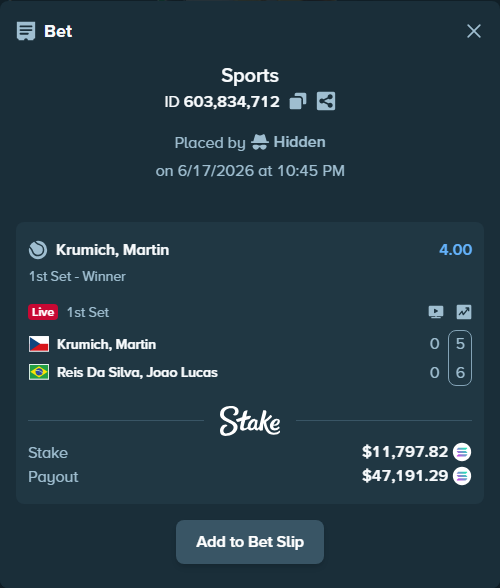 Bet slip: Krumich, Martin - Reis Da Silva, Joao Lucas, $11,279.52 stake at 4.00 odds, placed by Prettylfacko98