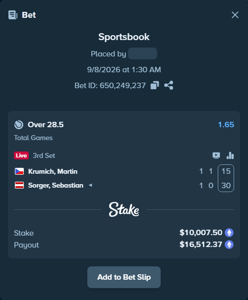 Bet slip: Krumich, Martin - Sorger, Sebastian, $10,070.76 stake at 1.65 odds, placed by kuwkuw