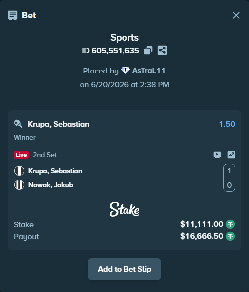 Bet slip: Krupa, Sebastian - Nowak, Jakub, $11,122.11 stake at 1.50 odds, placed by AsTraL11