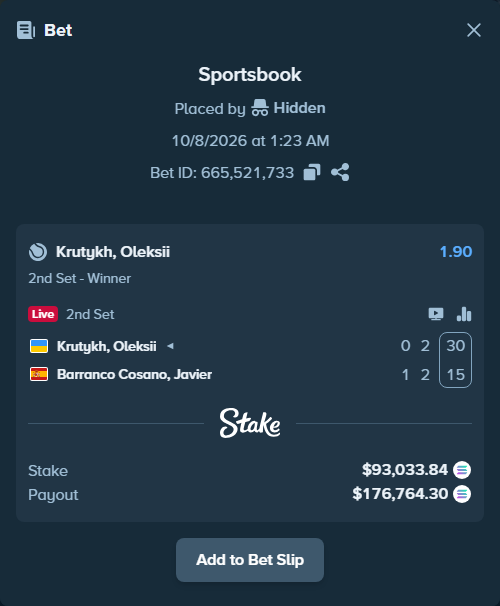 Bet slip: Krutykh, Oleksii - Barranco Cosano, Javier, $93,819.61 stake at 1.90 odds, placed by Prettylfacko98