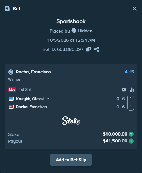 Bet slip: Krutykh, Oleksii - Rocha, Francisco, $10,000.00 stake at 4.15 odds, placed by Hidden