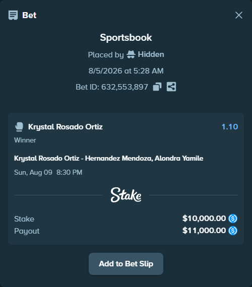 Bet slip: Krystal Rosado Ortiz - Hernandez Mendoza, Alondra Yamile, $10,000.00 stake at 1.10 odds, placed by Hidden
