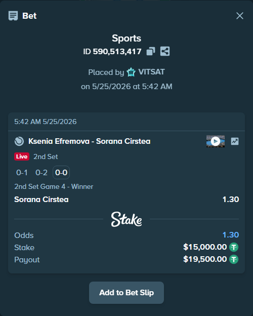 Bet slip: Ksenia Efremova - Sorana Cirstea, $15,000.00 stake at 1.30 odds, placed by VITSAT