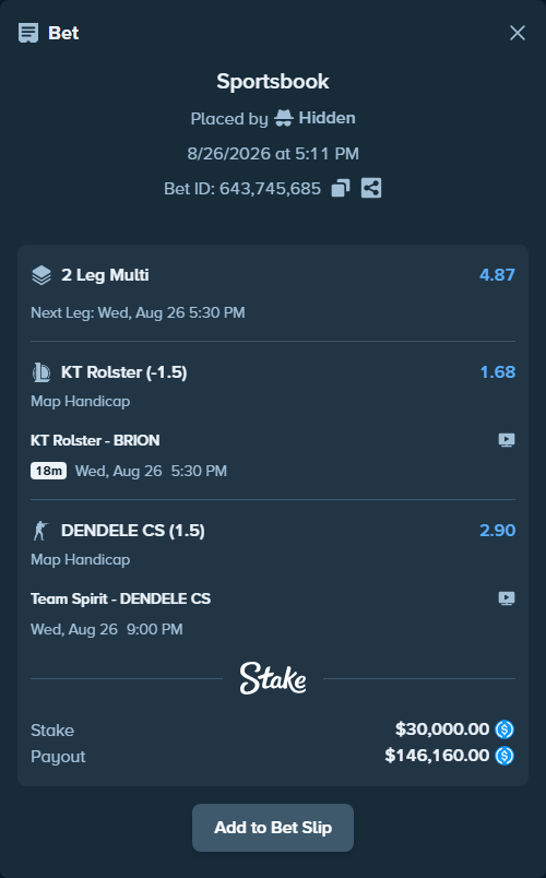Bet slip: KT Rolster - BRION, $30,000.00 stake at 1.68 odds, placed by Hidden