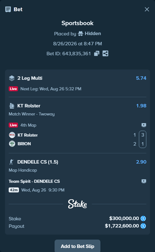 Bet slip: KT Rolster - BRION, $300,000.00 stake at 1.98 odds, placed by Hidden