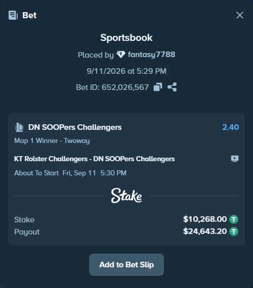 Bet slip: KT Rolster Challengers - DN SOOPers Challengers, $10,268.00 stake at 2.40 odds, placed by fantasy7788