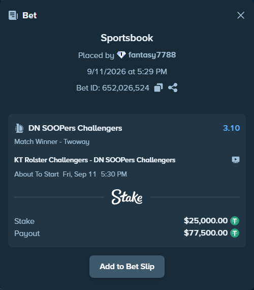 Bet slip: KT Rolster Challengers - DN SOOPers Challengers, $25,000.00 stake at 3.10 odds, placed by fantasy7788