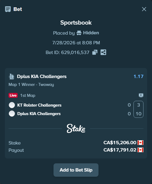 Bet slip: KT Rolster Challengers - Dplus KIA Challengers, $11,252.44 stake at 1.17 odds, placed by Hidden