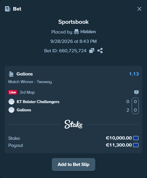 Bet slip: KT Rolster Challengers - Galions, $10,800.00 stake at 1.13 odds, placed by Hidden
