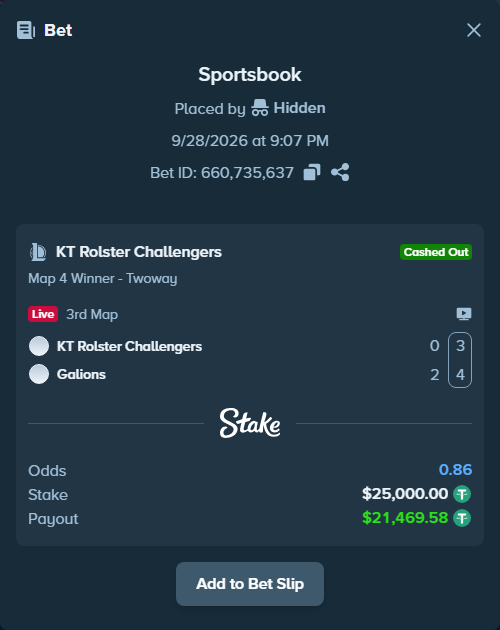 Bet slip: KT Rolster Challengers - Galions, $24,997.50 stake at 1.65 odds, placed by Hidden