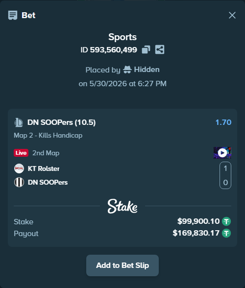 Bet slip: KT Rolster - DN SOOPers, $100,000.00 stake at 1.70 odds, placed by Hidden