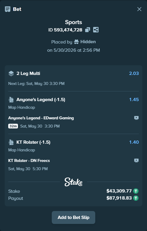Bet slip: KT Rolster - DN SOOPers, $43,353.08 stake at 1.40 odds, placed by Hidden