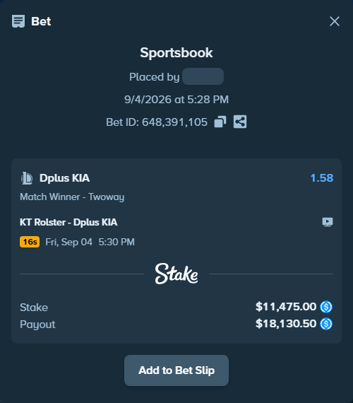 Bet slip: KT Rolster - Dplus KIA, $11,475.00 stake at 1.58 odds, placed by AdrewTate