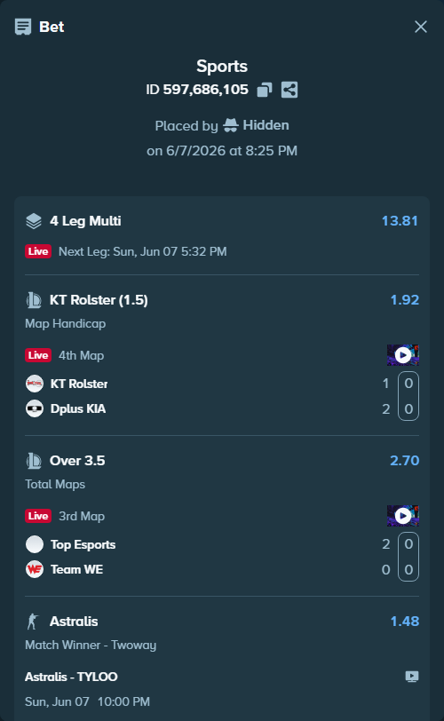 Bet slip: KT Rolster - Dplus KIA, $20,000.00 stake at 1.92 odds, placed by Hidden