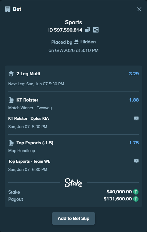 Bet slip: KT Rolster - Dplus KIA, $40,000.00 stake at 1.88 odds, placed by Hidden