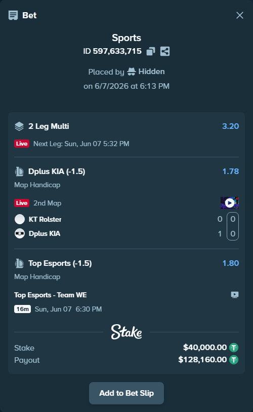 Bet slip: KT Rolster - Dplus KIA, $40,000.00 stake at 1.78 odds, placed by Hidden