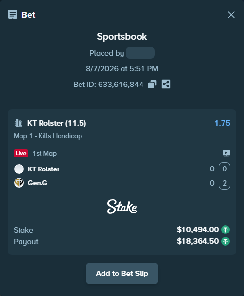 Bet slip: KT Rolster - Gen.G, $10,504.49 stake at 1.75 odds, placed by Mwillalwayswin