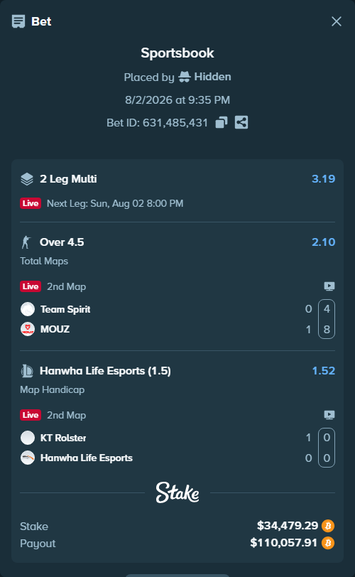 Bet slip: KT Rolster - Hanwha Life Esports, $35,241.58 stake at 1.52 odds, placed by Hidden