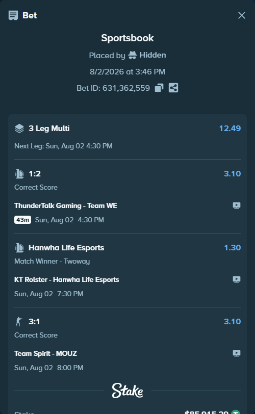 Bet slip: KT Rolster - Hanwha Life Esports, $86,001.20 stake at 1.30 odds, placed by Hidden