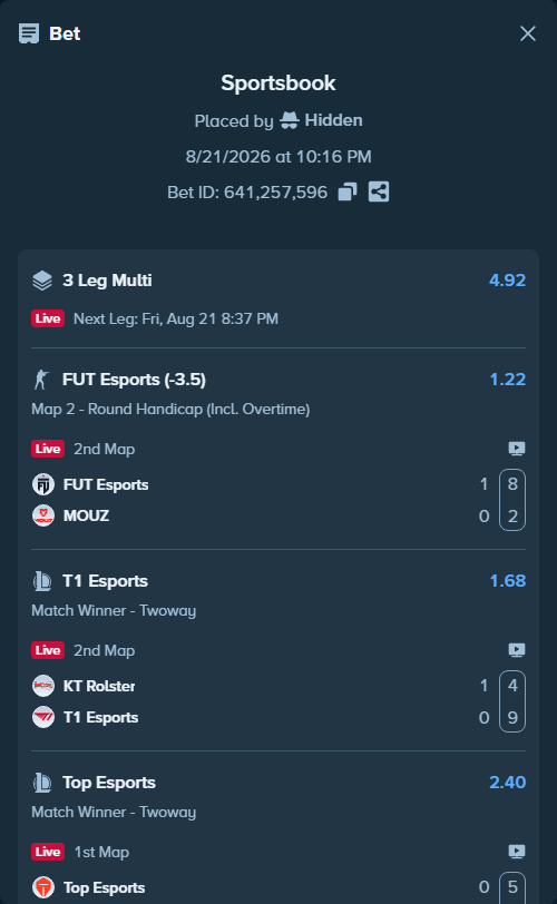Bet slip: KT Rolster - T1 Esports, $20,000.00 stake at 1.68 odds, placed by Hidden