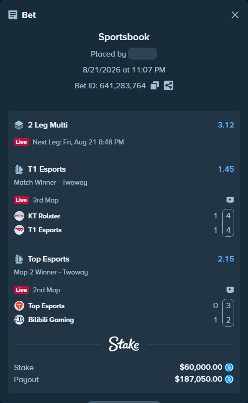 Bet slip: KT Rolster - T1 Esports, $60,000.00 stake at 1.45 odds, placed by Mwillalwayswin