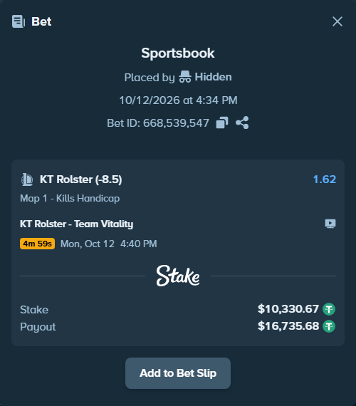 Bet slip: KT Rolster - Team Vitality, $10,341.00 stake at 1.62 odds, placed by Hidden