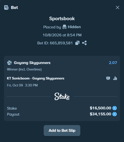 Bet slip: KT Sonicboom - Goyang Skygunners, $16,500.00 stake at 2.07 odds, placed by Hidden