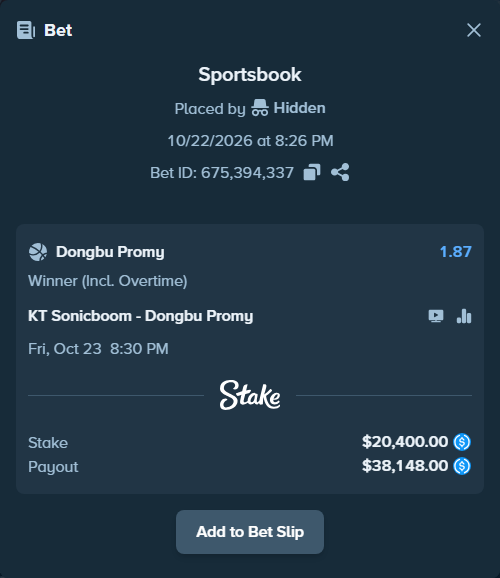Bet slip: KT Sonicboom - Wonju DB New Generation, $20,400.00 stake at 1.87 odds, placed by Hidden