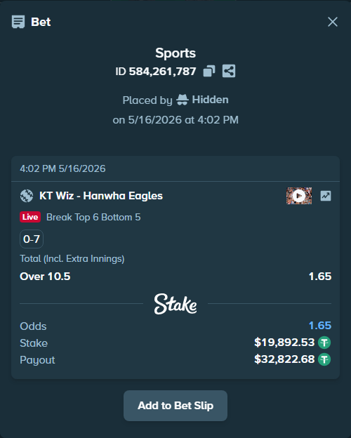 Bet slip: KT Wiz - Hanwha Eagles, $19,912.42 stake at 1.65 odds, placed by Hidden