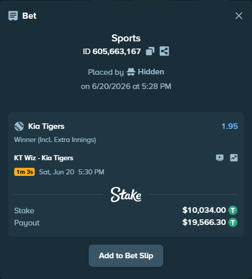 Bet slip: KT Wiz - Kia Tigers, $10,044.03 stake at 1.95 odds, placed by Hidden