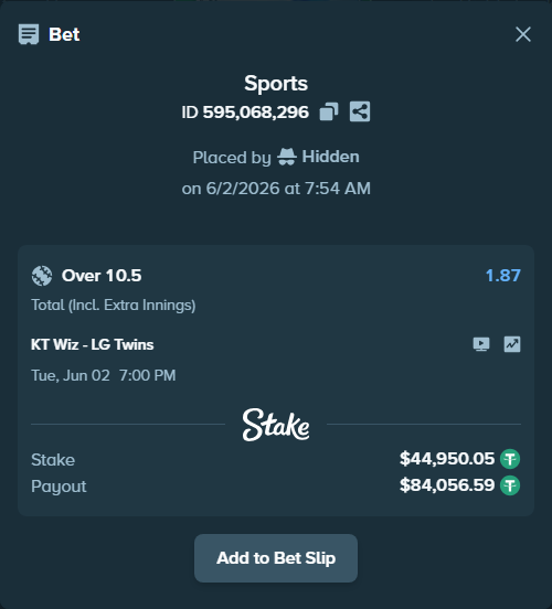 Bet slip: KT Wiz - LG Twins, $44,995.00 stake at 1.87 odds, placed by Hidden