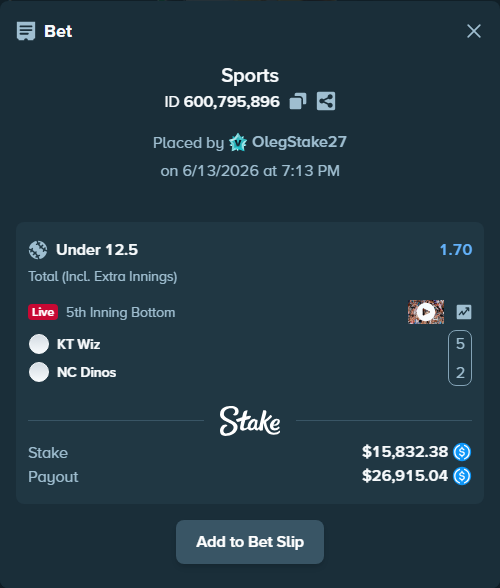 Bet slip: KT Wiz - NC Dinos, $15,832.38 stake at 1.70 odds, placed by OlegStake27