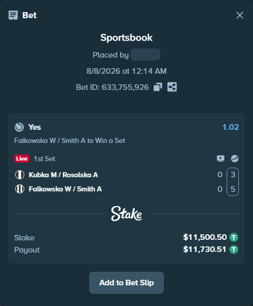 Bet slip: Kubka M / Rosolska A - Falkowska W / Smith A, $11,512.00 stake at 1.02 odds, placed by RyazheniyPetuh